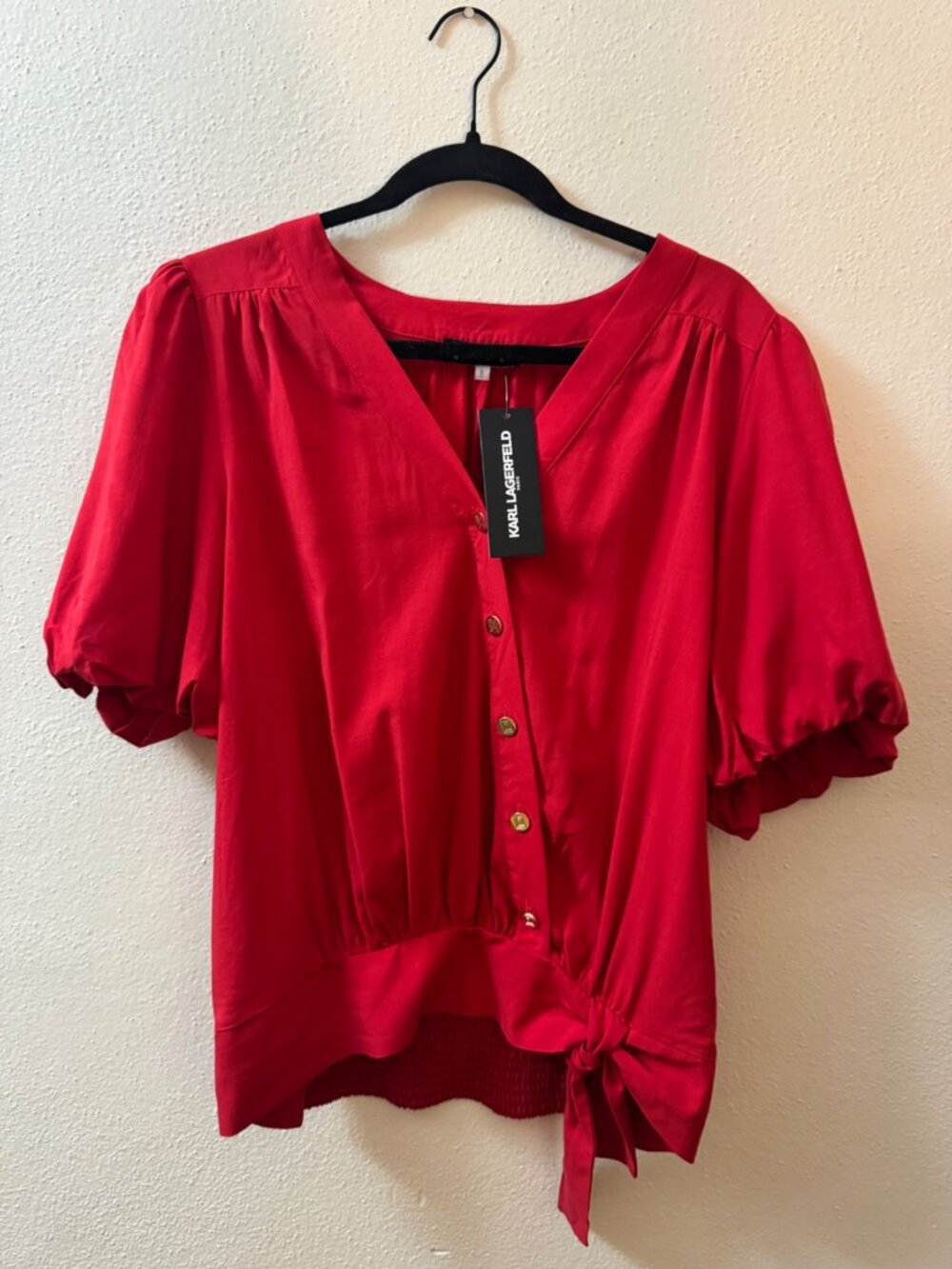 NWT Karl Lagerfeld Paris Red Puff Sleeve Tie Front Blouse L
